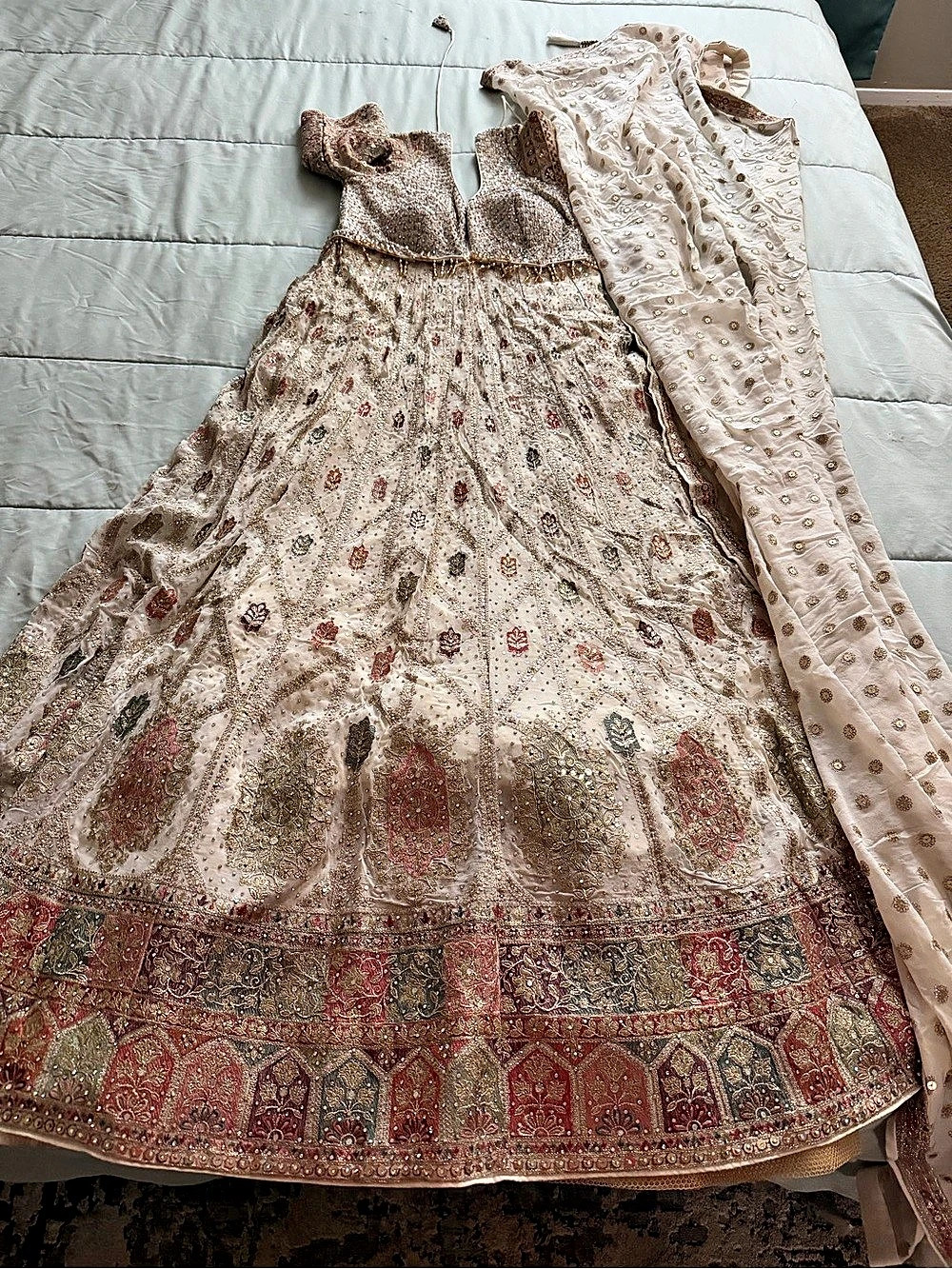 Embellished Lehenga in Cream & Red Like New